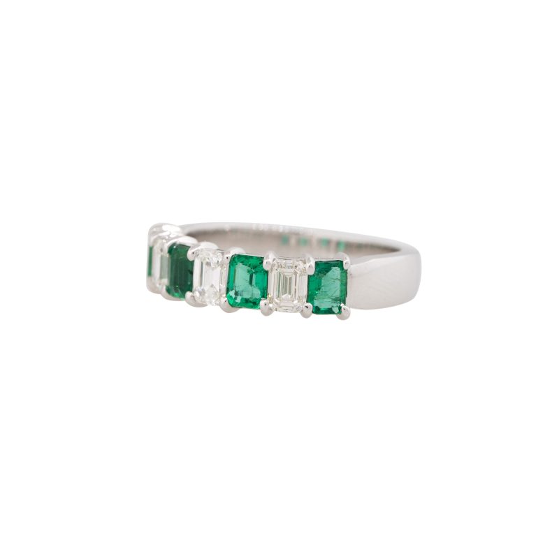 14k White Gold 1.07ct Emerald & 0.69ct Emerald Cut Diamond 7 Stone Ring