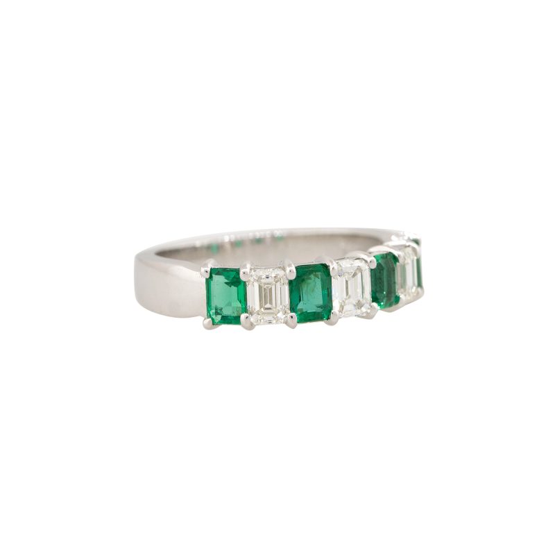14k White Gold 1.07ct Emerald & 0.69ct Emerald Cut Diamond 7 Stone Ring