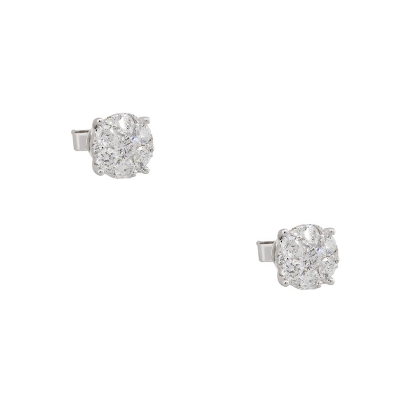 14k White Gold 2.06ctw Round Brilliant Cut Diamond Cluster Stud Earrings