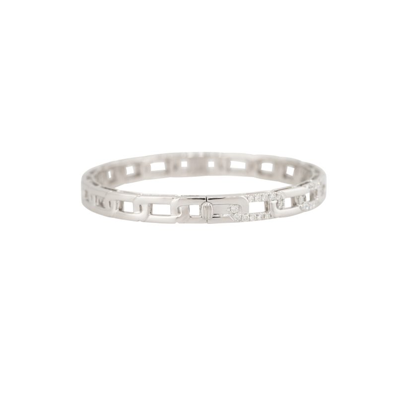 18k White Gold 1.05ctw Pave Diamond Interlocking Link-Style Bangle Bracelet