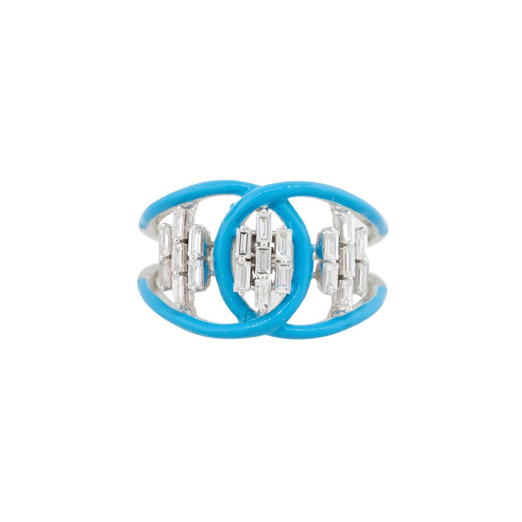 14k White Gold Blue Enamel & 0.45ctw Baguette Cut Diamond Open Work Ring