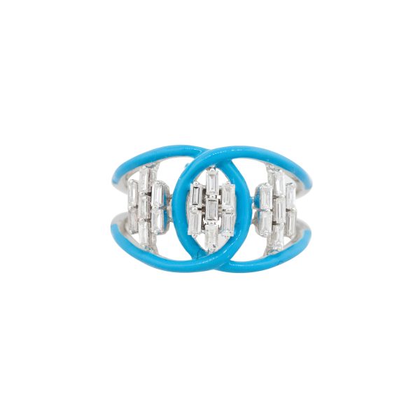 14k White Gold Blue Enamel & 0.45ctw Baguette Cut Diamond Open Work Ring