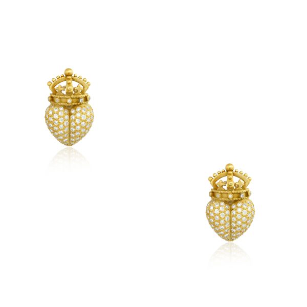 Barry Kieselstein 18k Yellow Gold 2ctw Pave Diamond Crown Heart Earrings