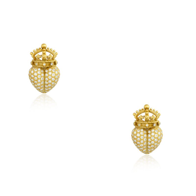 Barry Kieselstein 18k Yellow Gold 2ctw Pave Diamond Crown Heart Earrings