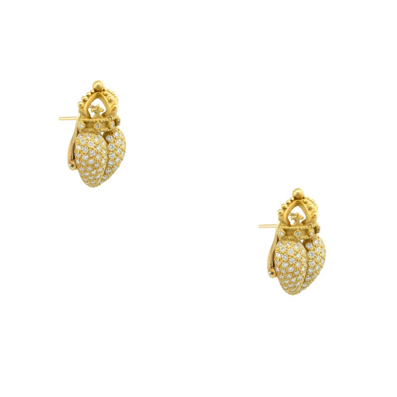 Barry Kieselstein 18k Yellow Gold 2ctw Pave Diamond Crown Heart Earrings