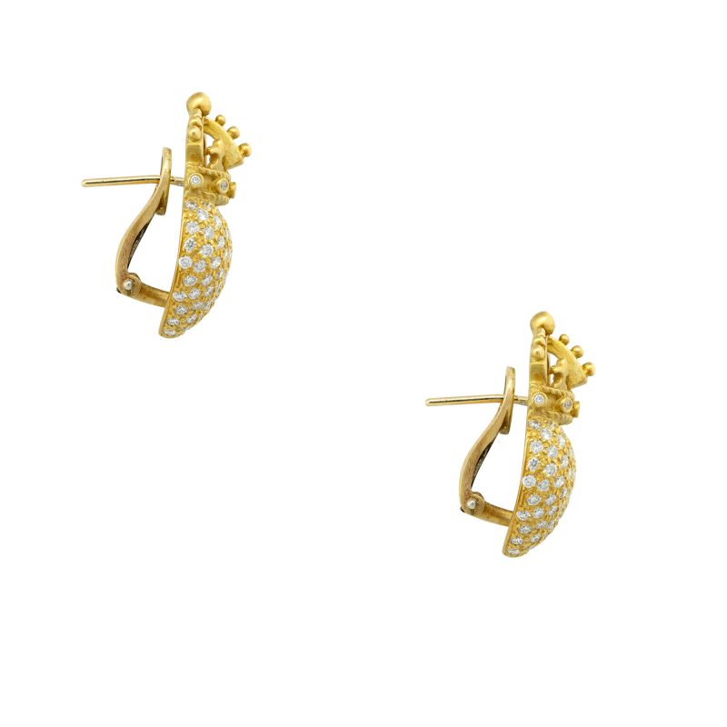 Barry Kieselstein 18k Yellow Gold 2ctw Pave Diamond Crown Heart Earrings