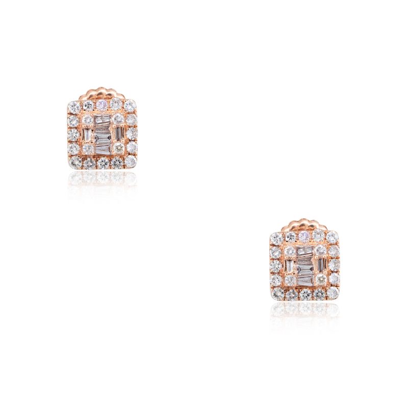 14k Rose Gold 0.74ctw Round Brilliant & Baguette Cut Diamond Mosaic Square Earrings