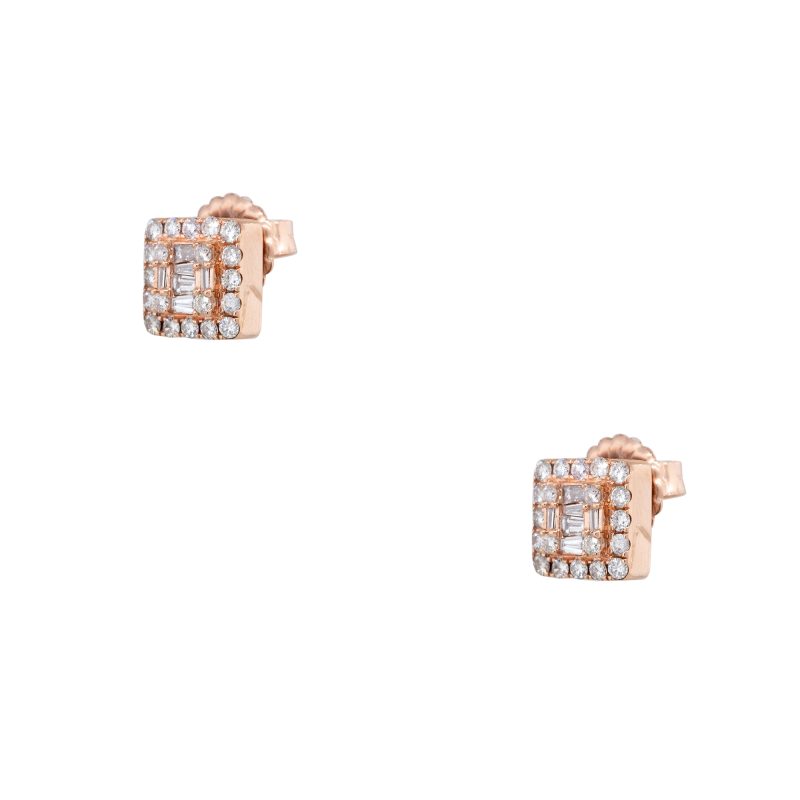 14k Rose Gold 0.74ctw Round Brilliant & Baguette Cut Diamond Mosaic Square Earrings