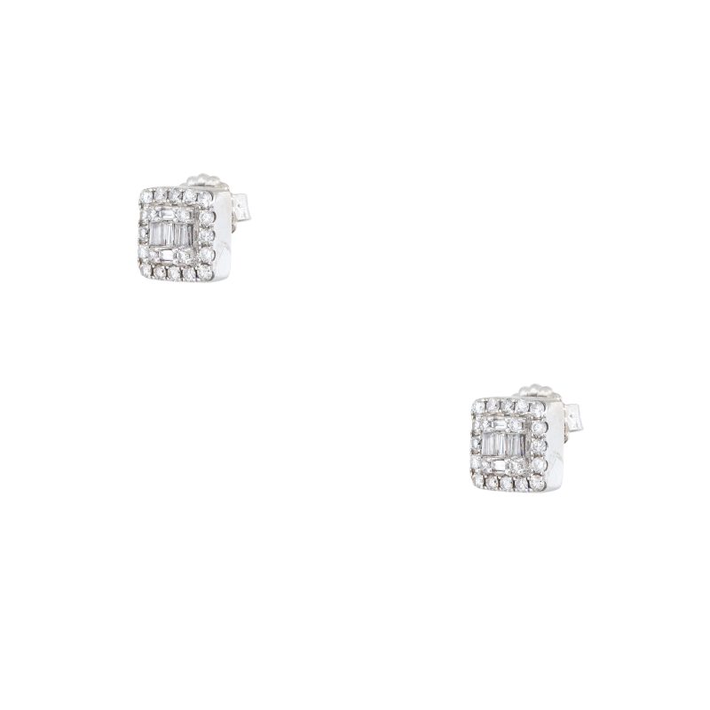 14k White Gold 0.74ctw Round Brilliant & Baguette Cut Diamond Mosaic Square Earrings