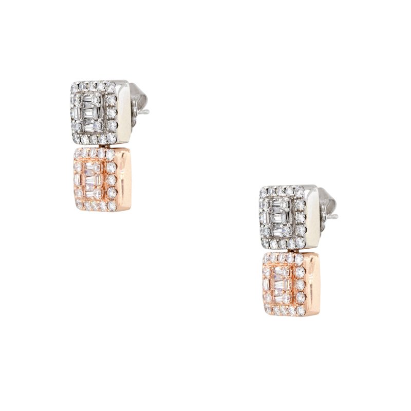 14k White & Rose Gold 1.48ctw Round Brilliant & Baguette Cut Diamond Mosaic Square Earrings