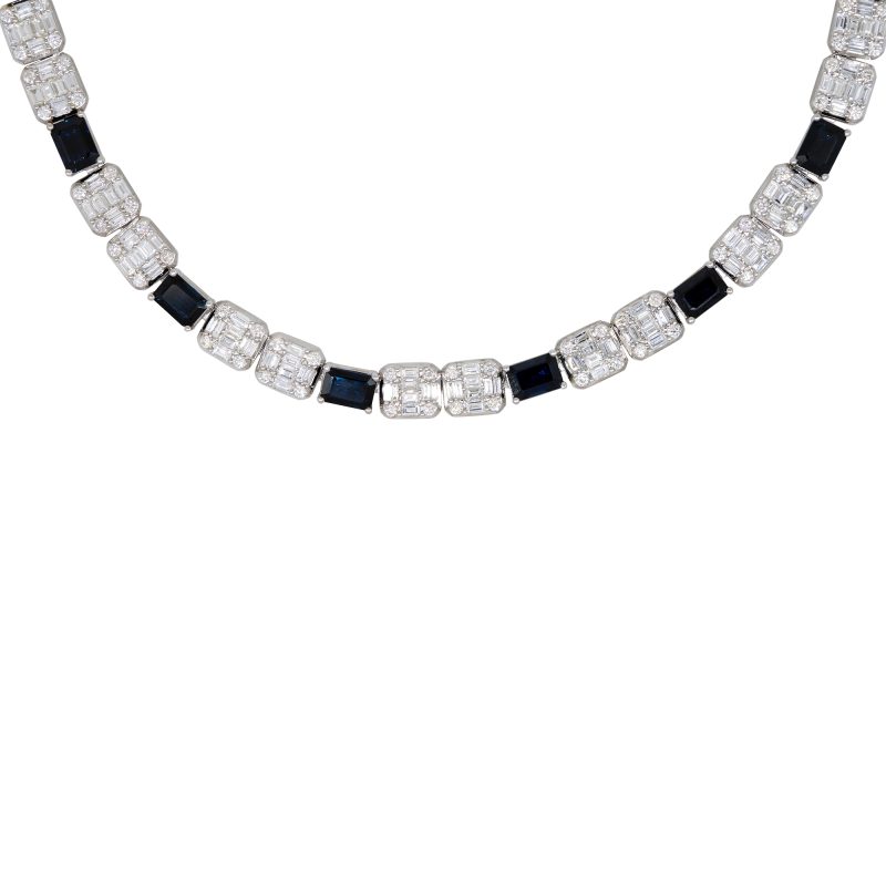 18k White Gold 18.98ct Sapphire & 12.36ct Diamond Mosaic Alternating Necklace