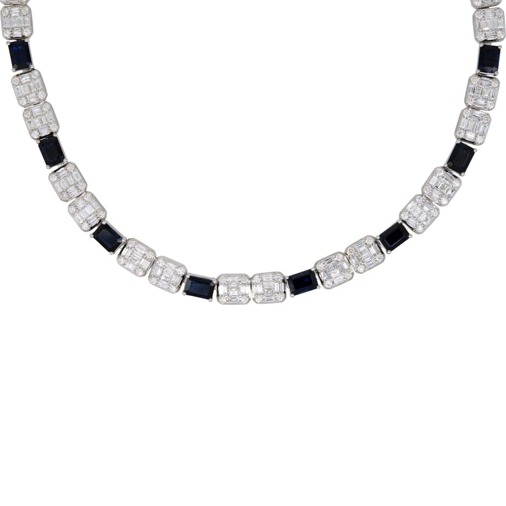 18k White Gold 18.98ct Sapphire & 12.36ct Diamond Mosaic Alternating Necklace
