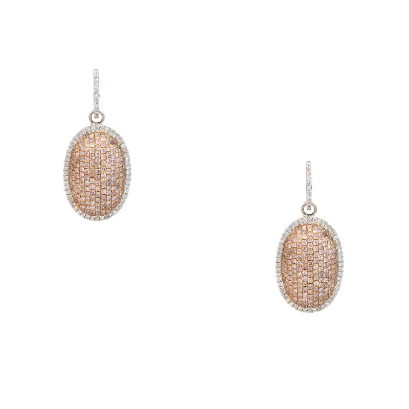 18k Two-Tone Gold 3.61ctw Pink & White Diamond Oval Shape Drop Earrings