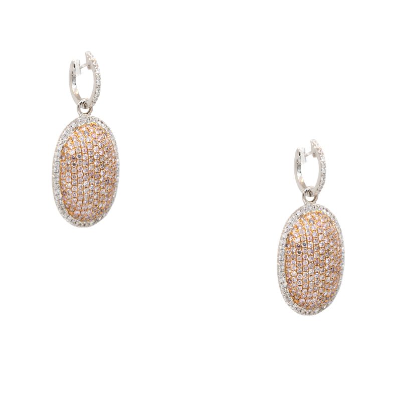 18k Two-Tone Gold 3.61ctw Pink & White Diamond Oval Shape Drop Earrings
