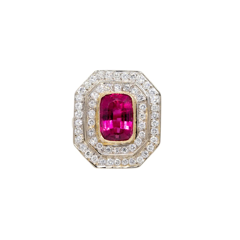 18k Yellow Gold 3.37ctw Pink Tourmaline & 1.52ctw Diamond Halo Ring