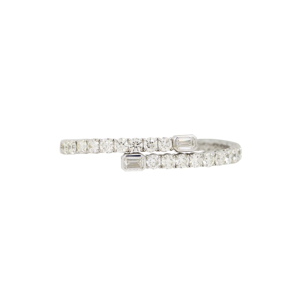 18k White Gold 22.68ctw Natural Round Brilliant & Emerald Cut Diamond Bypass Bracelet