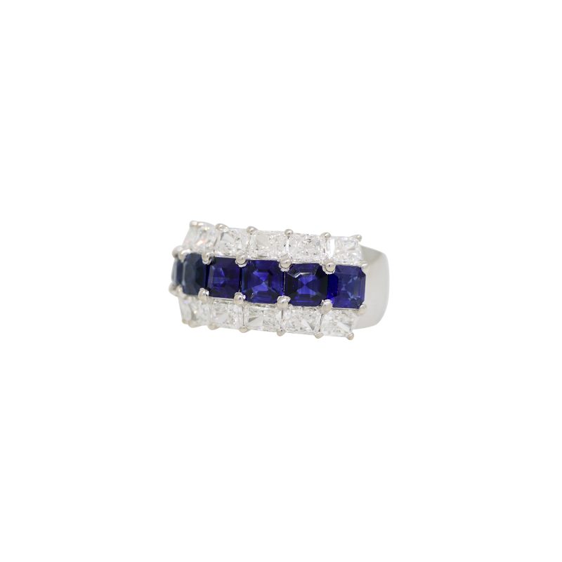 18k White Gold 3.36ct Natural Sapphire & 3.37ct Natural Diamond 3-Row Band