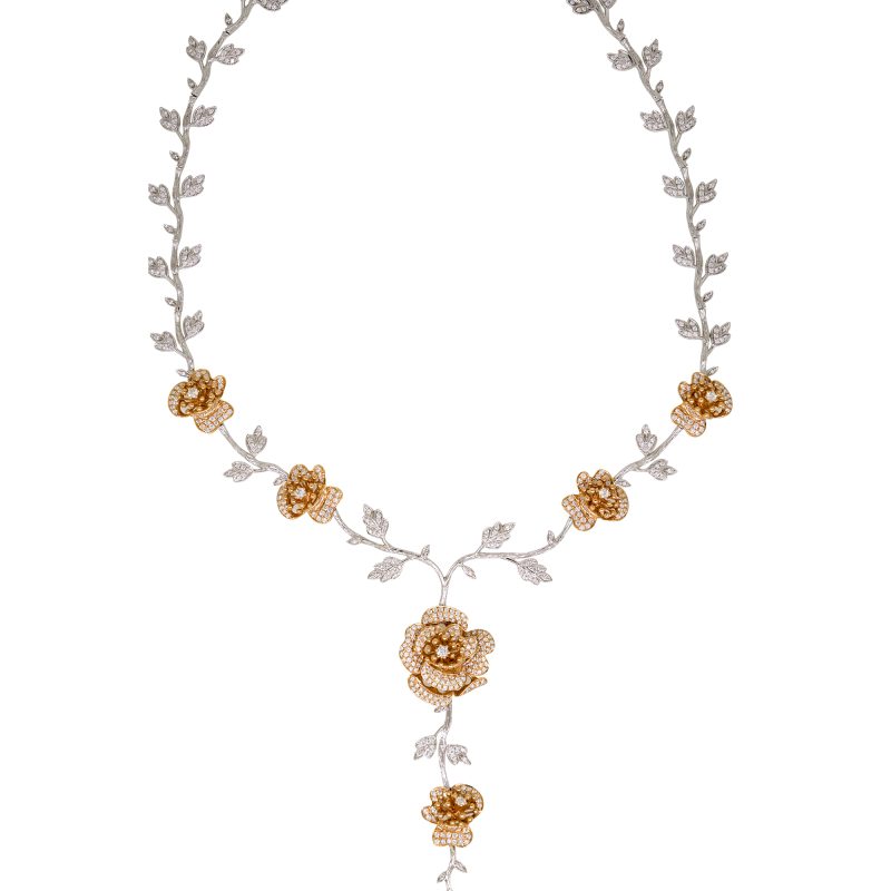 18k Two-Tone Gold 5.39ctw Natural Diamond Pave 6 Rose Lariat Drop Necklace