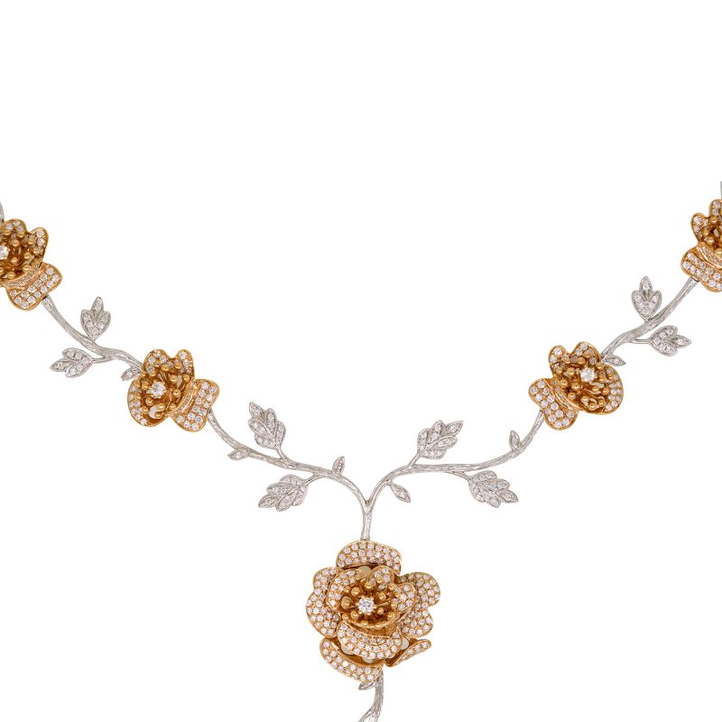 18k Two-Tone Gold 5.39ctw Natural Diamond Pave 6 Rose Lariat Drop Necklace