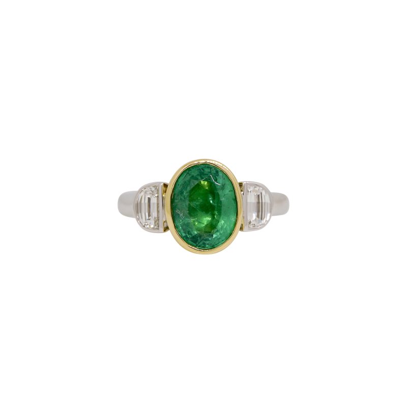 GIA 18k Two-Tone Gold 2.23ctw Natural Emerald & Half-Moon Diamond Side Stone Ring