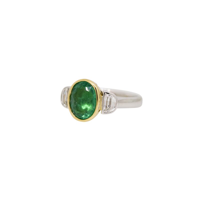 GIA 18k Two-Tone Gold 2.23ctw Natural Emerald & Half-Moon Diamond Side Stone Ring