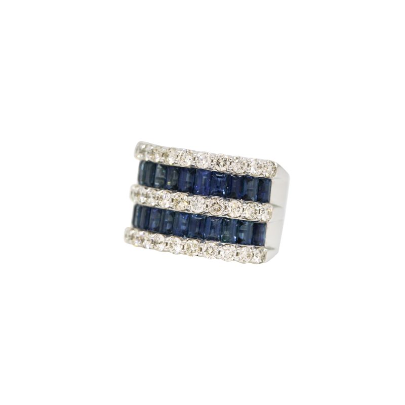 14k White Gold 5.26ct Natural Sapphire & 2.09ct Natural Diamond 5-Row Wide Ring