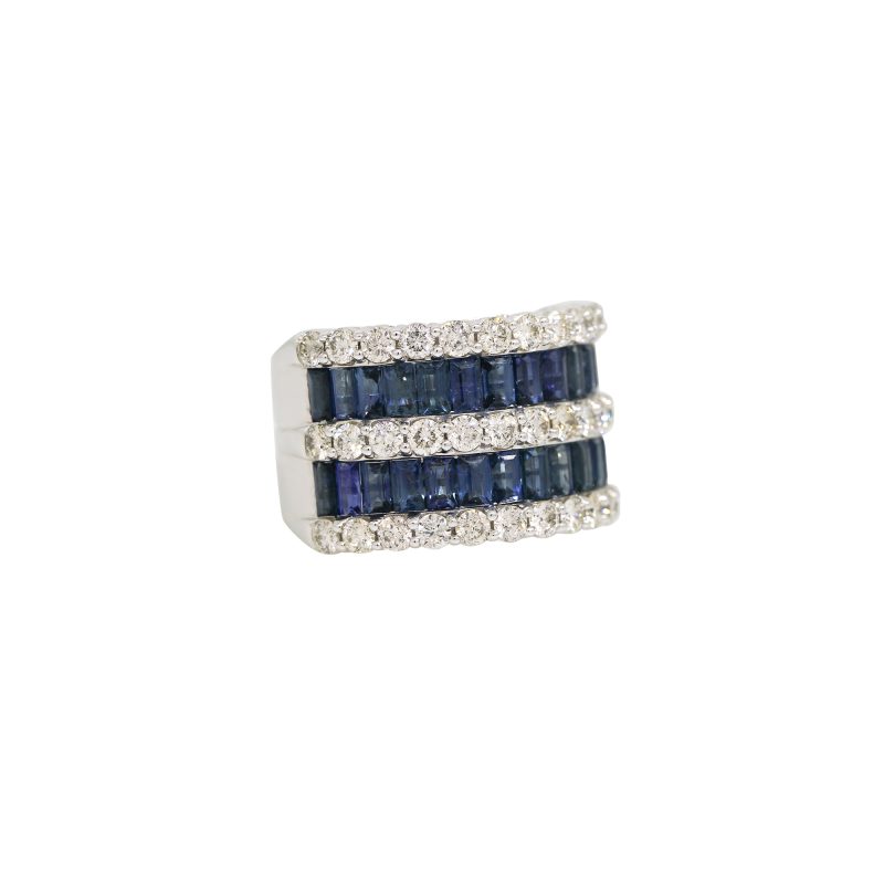 14k White Gold 5.26ct Natural Sapphire & 2.09ct Natural Diamond 5-Row Wide Ring