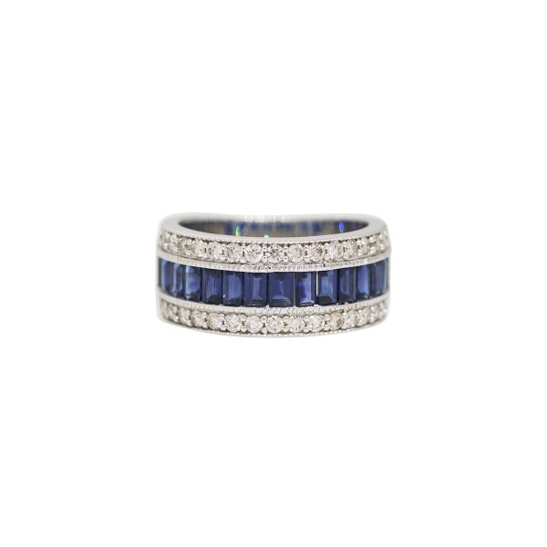 14k White Gold 2.4ct Natural Sapphire & 0.71ct Natural Diamond 3-Row Wide Ring