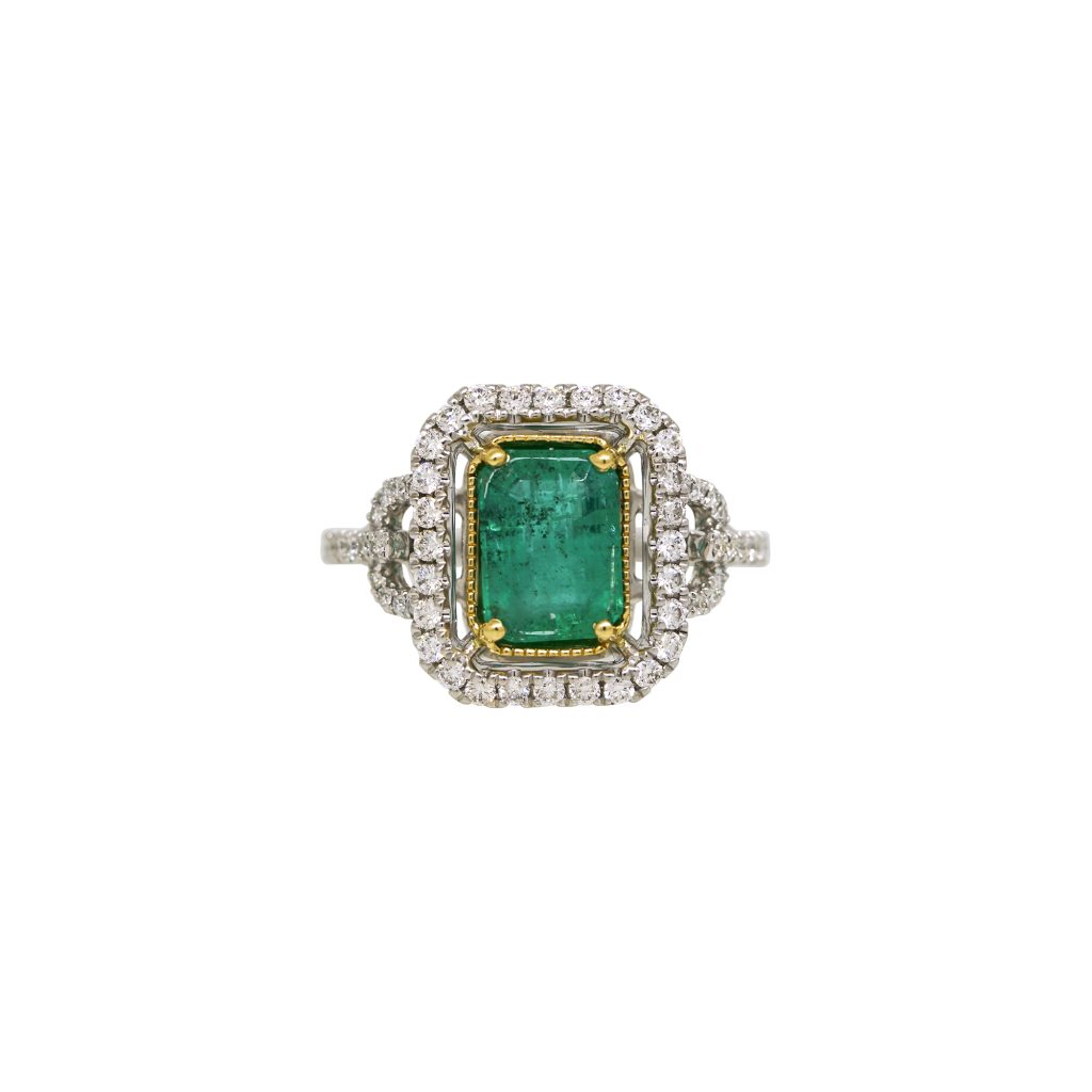Platinum & 18k Yellow Gold 1.77ctw Emerald & 0.51ctw Natural Diamond Halo Ring