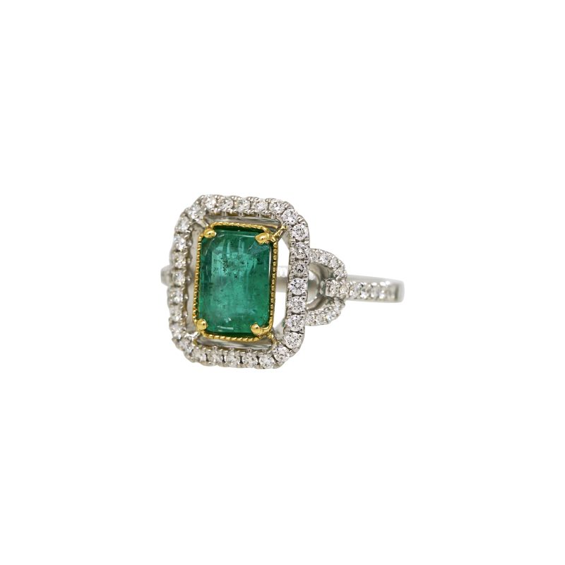 Platinum & 18k Yellow Gold 1.77ctw Emerald & 0.51ctw Natural Diamond Halo Ring