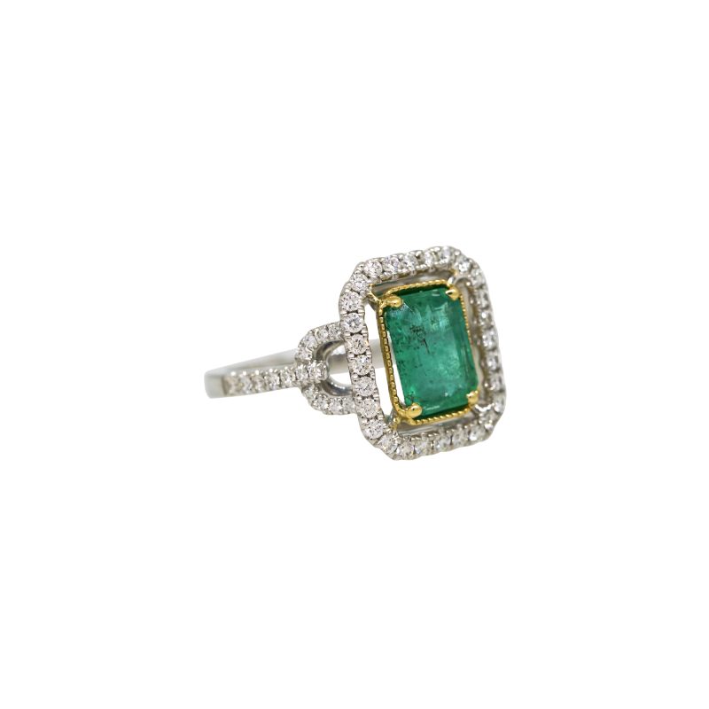 Platinum & 18k Yellow Gold 1.77ctw Emerald & 0.51ctw Natural Diamond Halo Ring