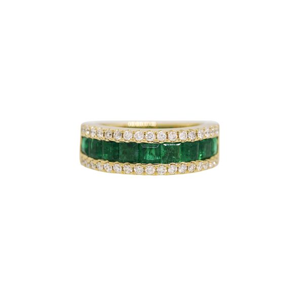 14k Yellow Gold 1.98ctw Emerald & 0.51ctw Natural Diamond 3-Row Ring