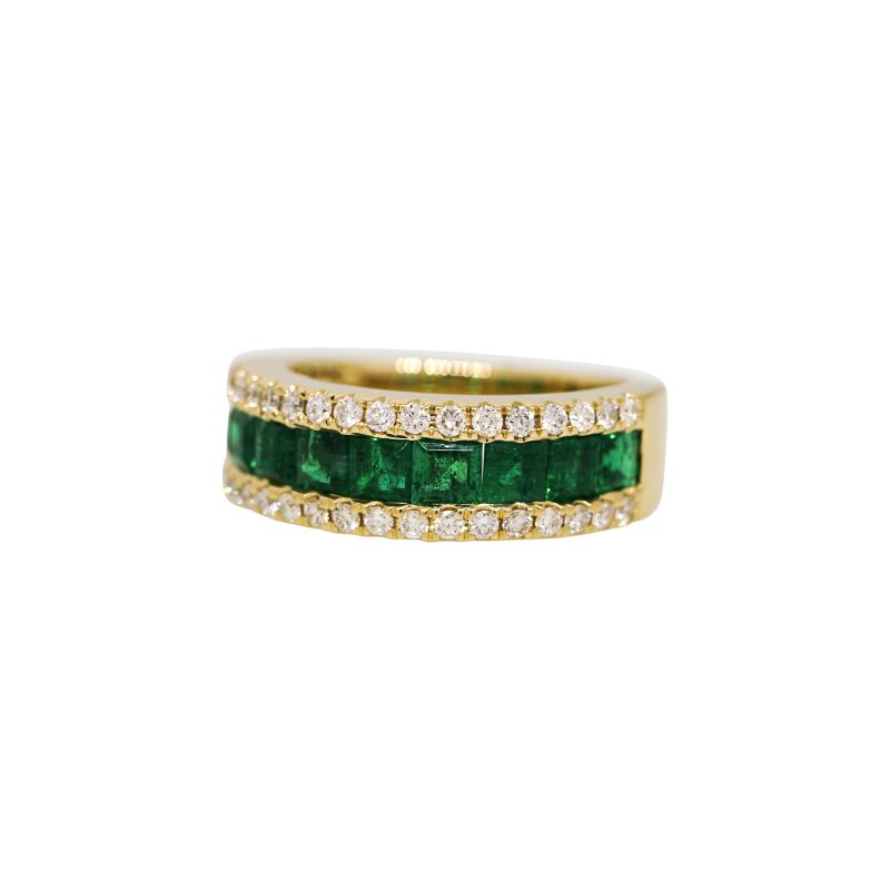 14k Yellow Gold 1.98ctw Emerald & 0.51ctw Natural Diamond 3-Row Ring