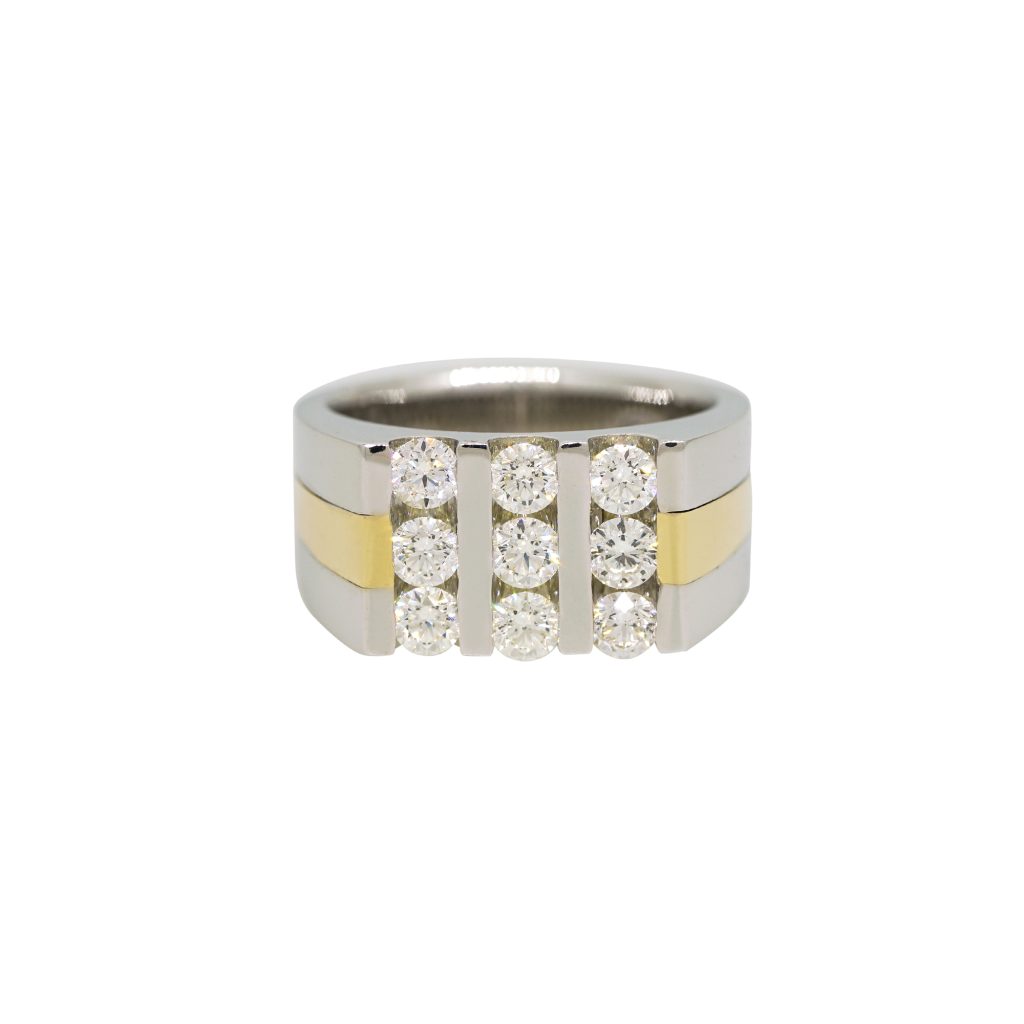 14k Two-Tone Gold 1.78ctw Natural Round Brilliant Cut Diamond 3-Row Men's Ring
