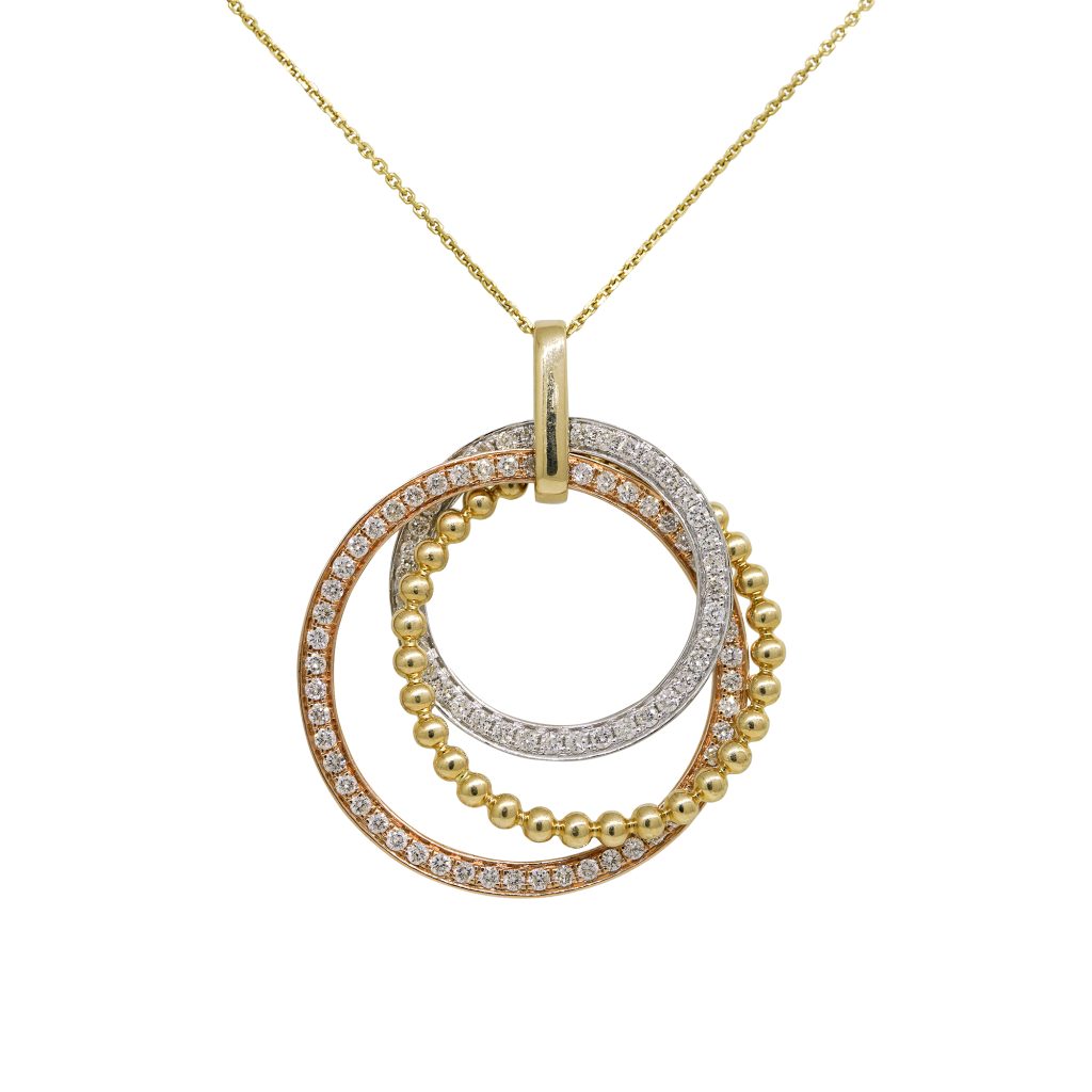 14k Tri-Color Gold 1.66ctw Natural Round Brilliant Cut Diamond 3-Circle Overlapping Necklace