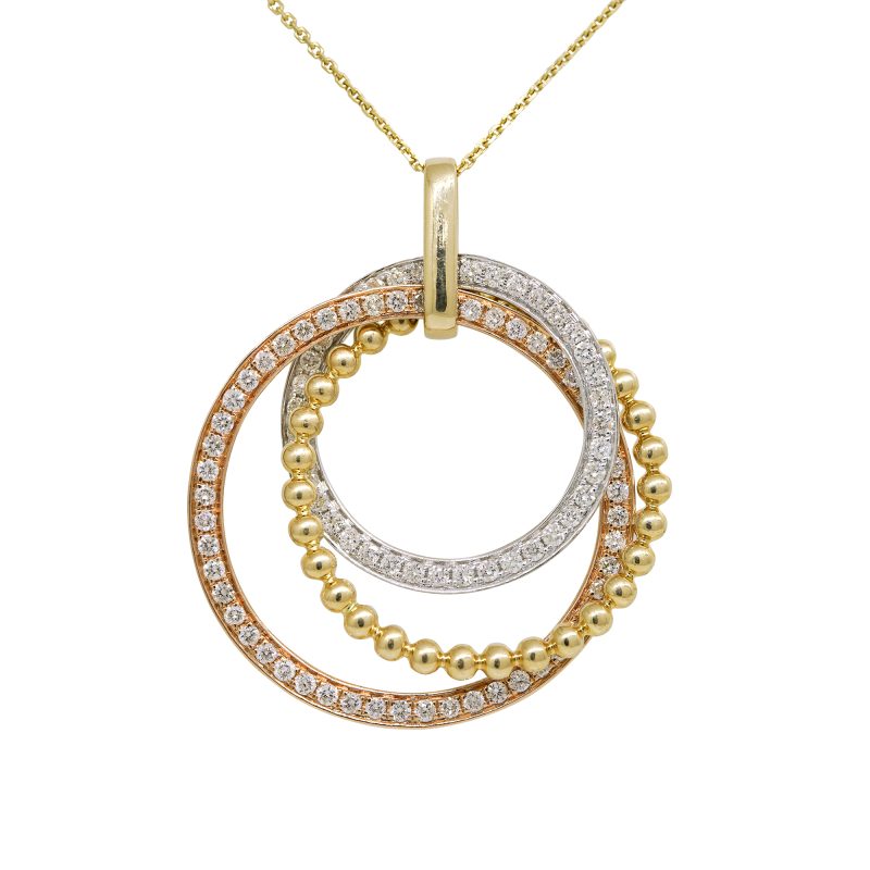 14k Tri-Color Gold 1.66ctw Natural Round Brilliant Cut Diamond 3-Circle Overlapping Necklace