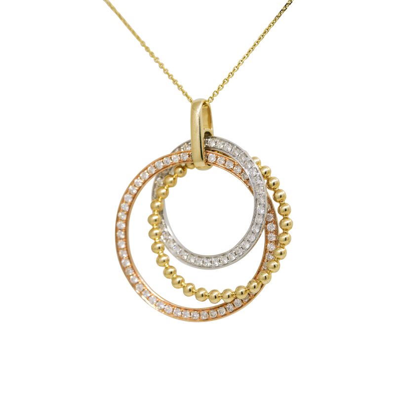 14k Tri-Color Gold 1.66ctw Natural Round Brilliant Cut Diamond 3-Circle Overlapping Necklace