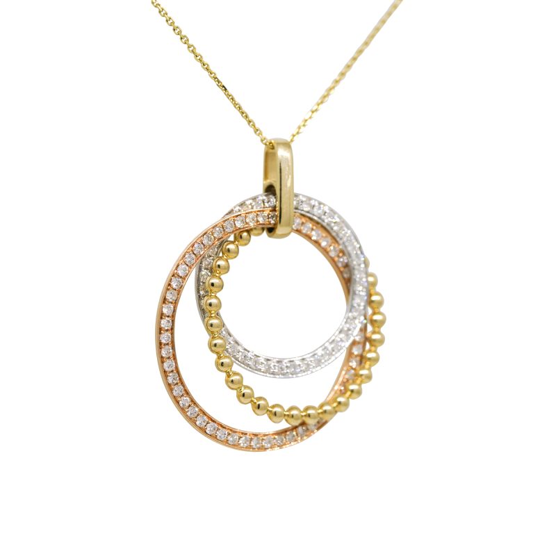 14k Tri-Color Gold 1.66ctw Natural Round Brilliant Cut Diamond 3-Circle Overlapping Necklace