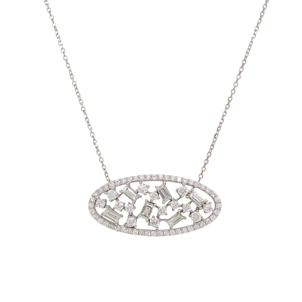 14k White Gold 1.32ctw Natural Baguette Cut Diamond Sprinkle Oval Shape Necklace