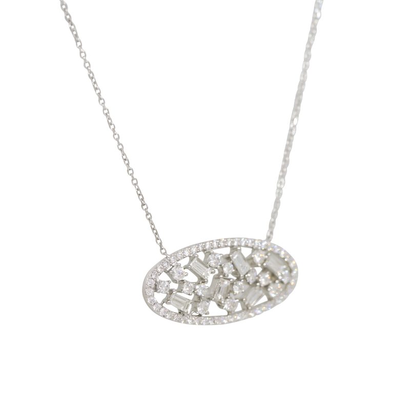 14k White Gold 1.32ctw Natural Baguette Cut Diamond Sprinkle Oval Shape Necklace