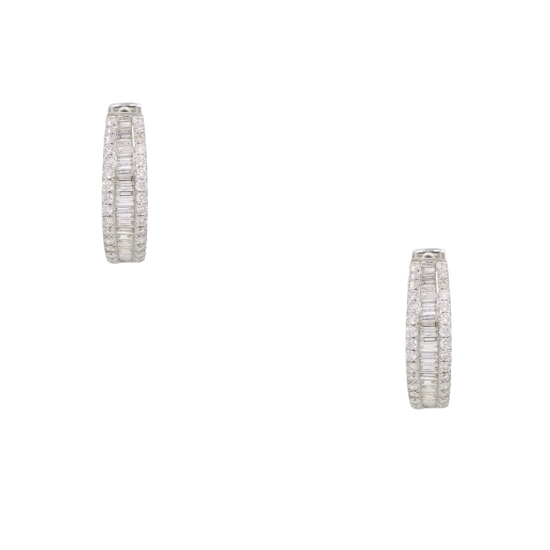 14k White Gold 3.5ctw Natural Round Brilliant & Baguette Cut Diamond Hoop Earrings