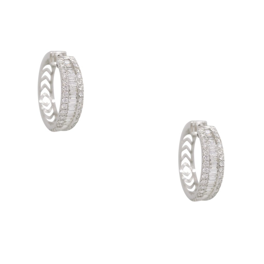 14k White Gold 3.5ctw Natural Round Brilliant & Baguette Cut Diamond Hoop Earrings