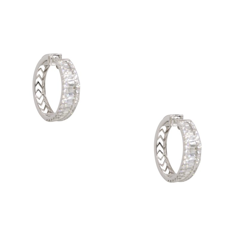 14k White Gold 3.5ctw Natural Round Brilliant & Baguette Cut Diamond Hoop Earrings