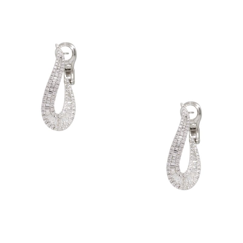 14k White Gold 1.84ctw Natural Round Brilliant & Baguette Cut Diamond Elongated Earrings