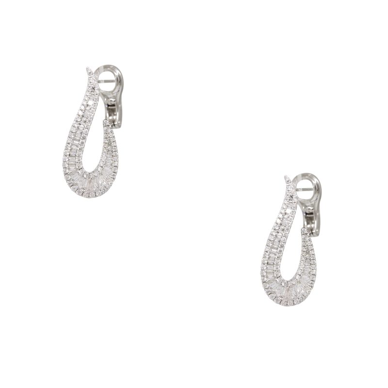 14k White Gold 1.84ctw Natural Round Brilliant & Baguette Cut Diamond Elongated Earrings