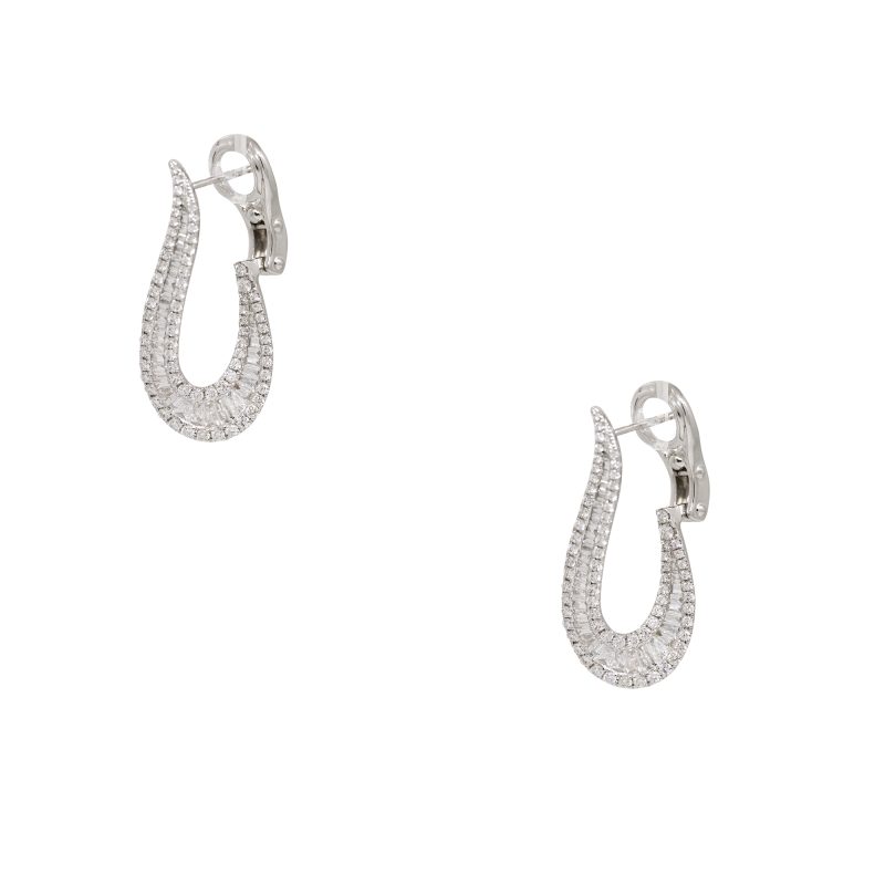 14k White Gold 1.84ctw Natural Round Brilliant & Baguette Cut Diamond Elongated Earrings