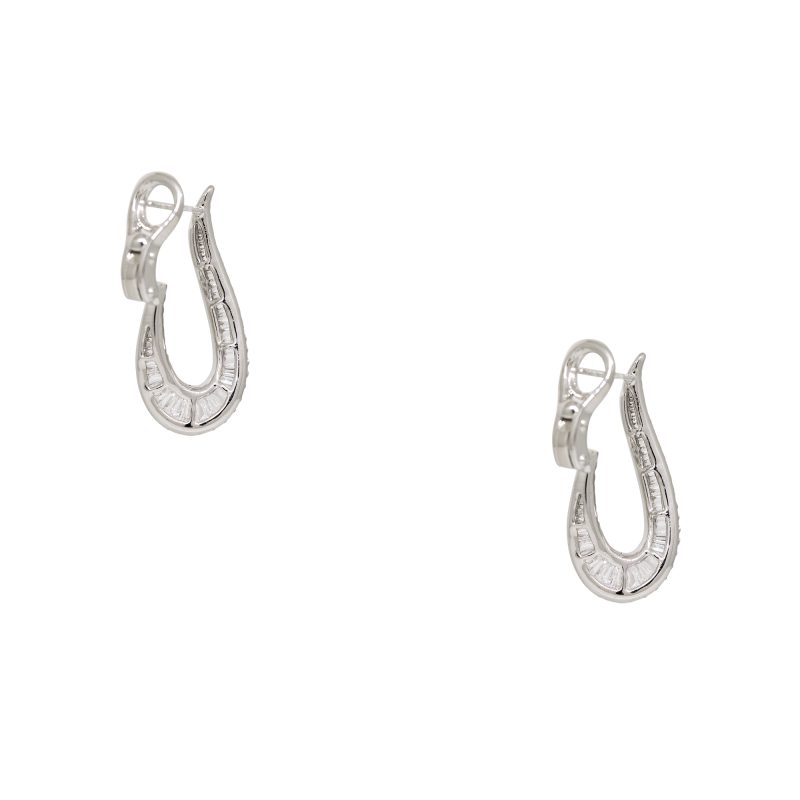 14k White Gold 1.84ctw Natural Round Brilliant & Baguette Cut Diamond Elongated Earrings