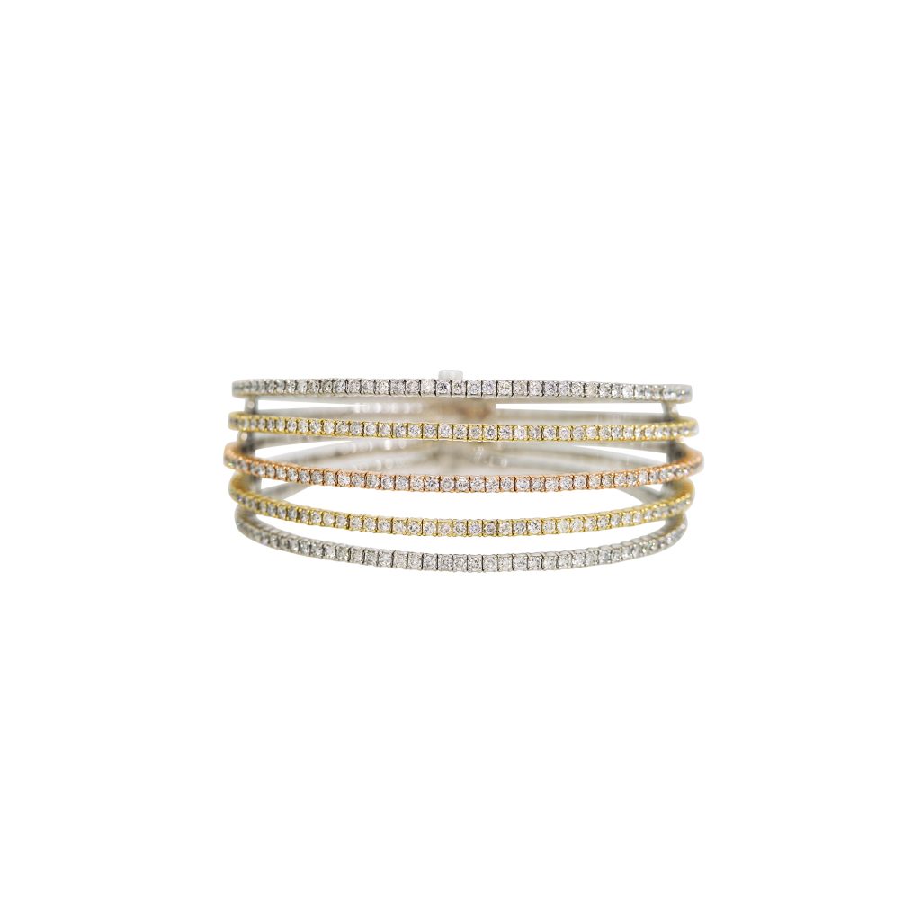 14k Tri-Color Gold 5.66ctw Natural Diamond 5-Row Flexible Bracelet