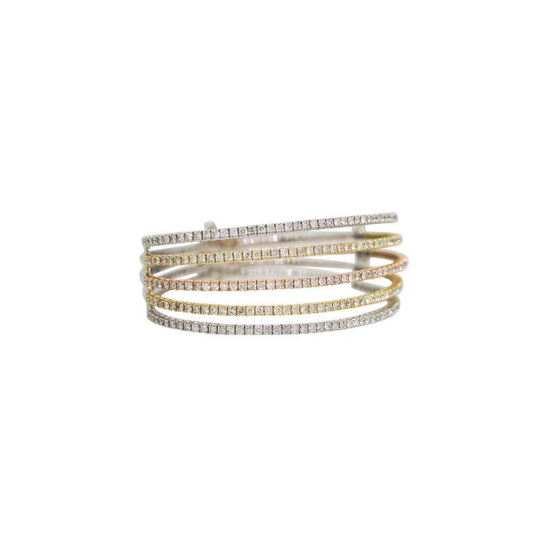 14k Tri-Color Gold 5.66ctw Natural Diamond 5-Row Flexible Bracelet