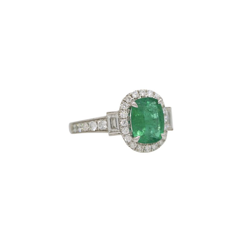 18k White Gold 2.08ctw Natural Emerald & 0.92ctw Natural Diamond Halo Ring